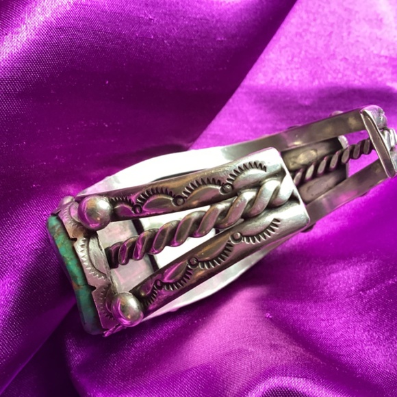 Vintage Navajo Cripple Creek Turquoise Slabs Rope Cuff - Picture 2 of 11